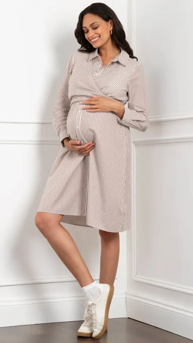 Cotton-Blend Stripe Maternity & Nursing Shirt Dress Taupe, White