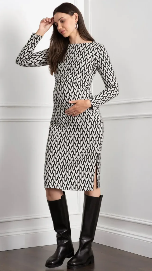 Geo Jacquard Knit Maternity & Nursing Dress Geo Print