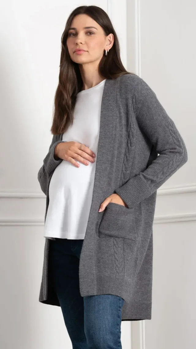 Knit Maternity & Nursing Cardi With Patch Pockets Grey