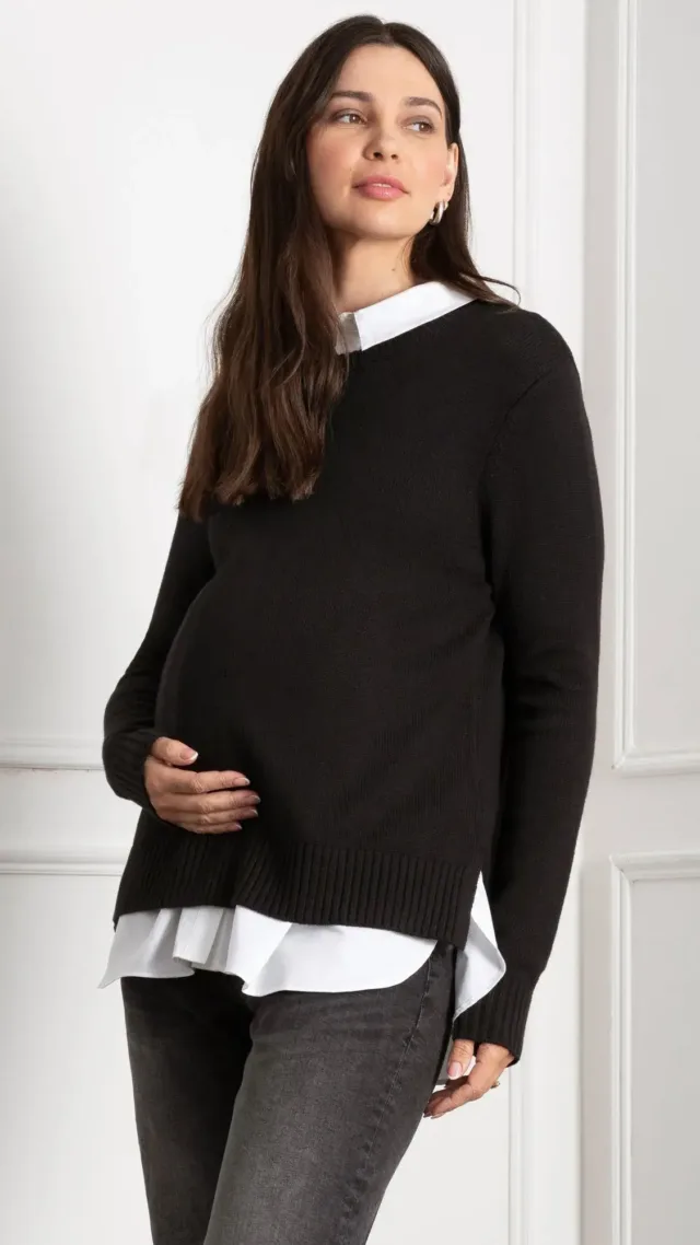 Knit Maternity & Nursing Sweater With Woven Shirt Black