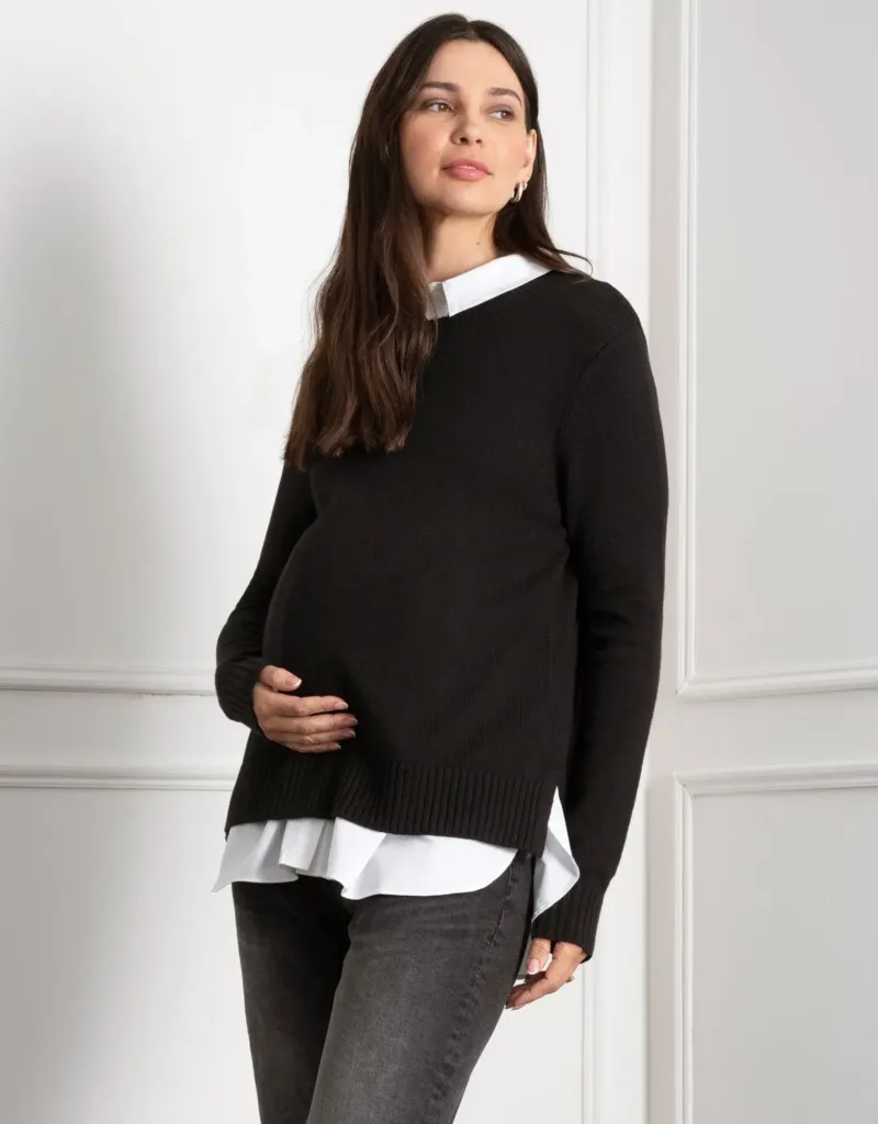 Knit Maternity & Nursing Sweater With Woven Shirt Black