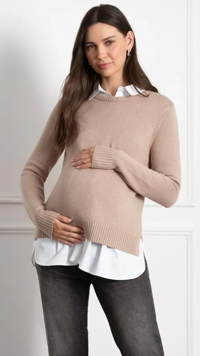 Knit Maternity & Nursing Sweater With Woven Shirt Camel