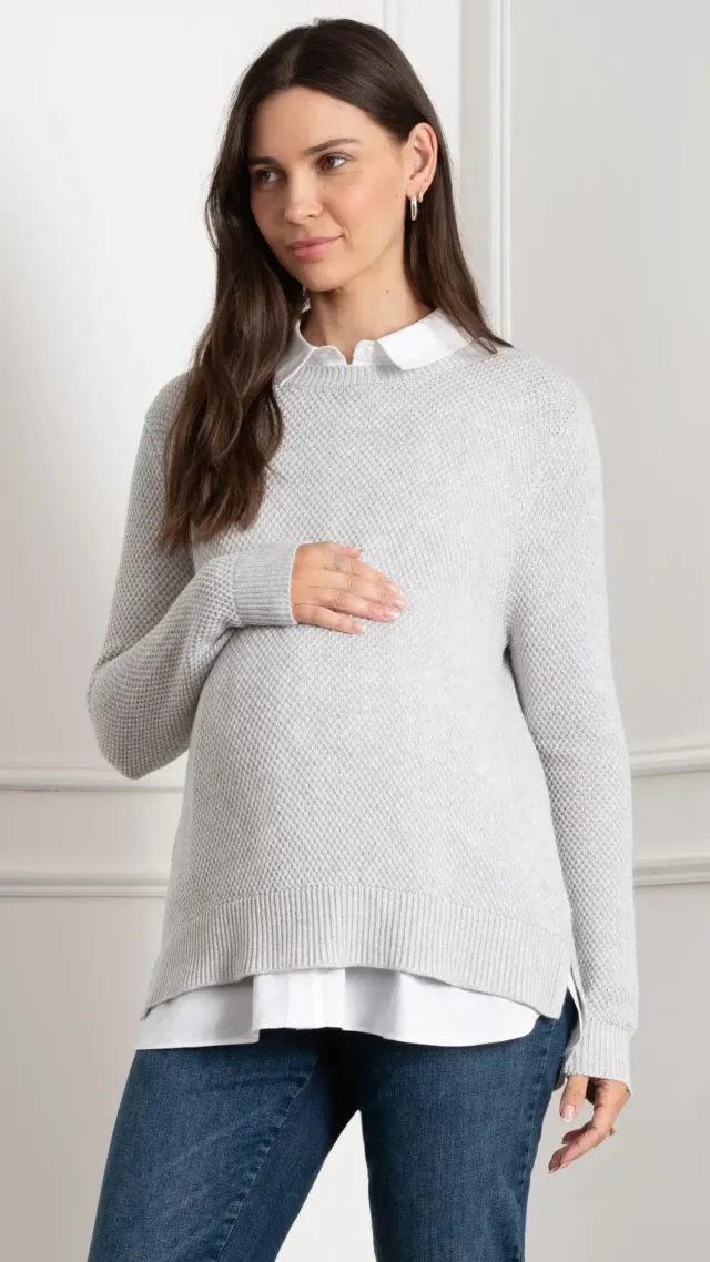 Knit Maternity & Nursing Sweater With Woven Shirt Grey Marle