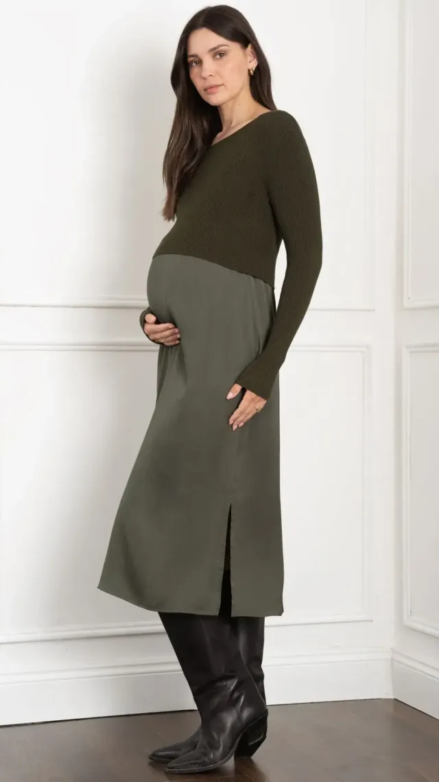 Knit Top With Woven Maternity & Nursing Slip Dress Khaki