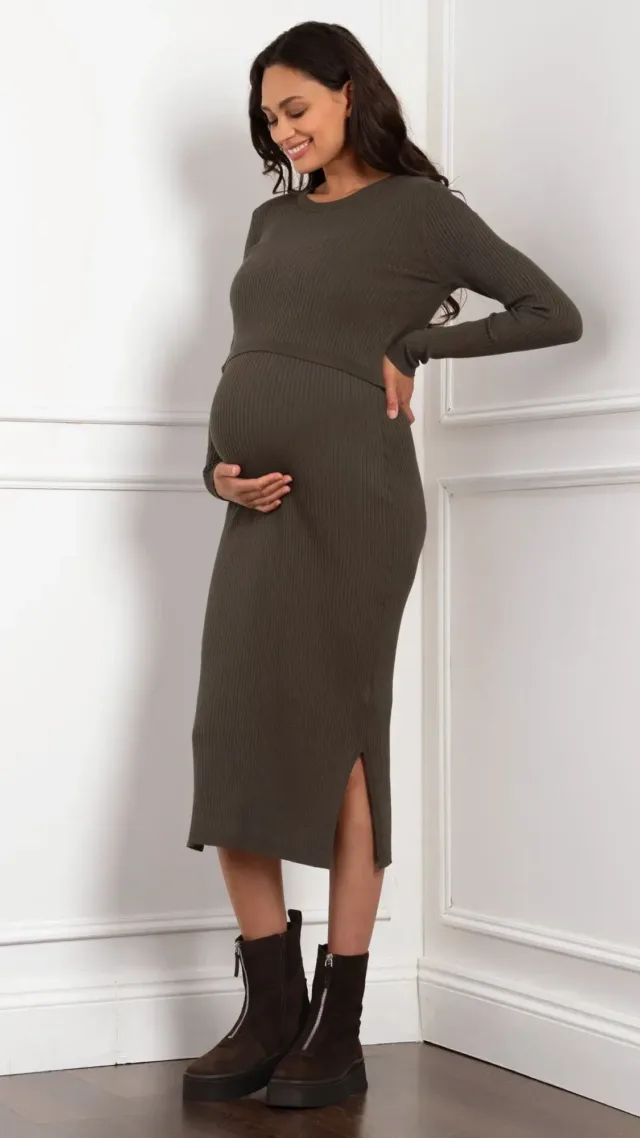 Layered Knitted Maternity & Nursing Dress Khaki