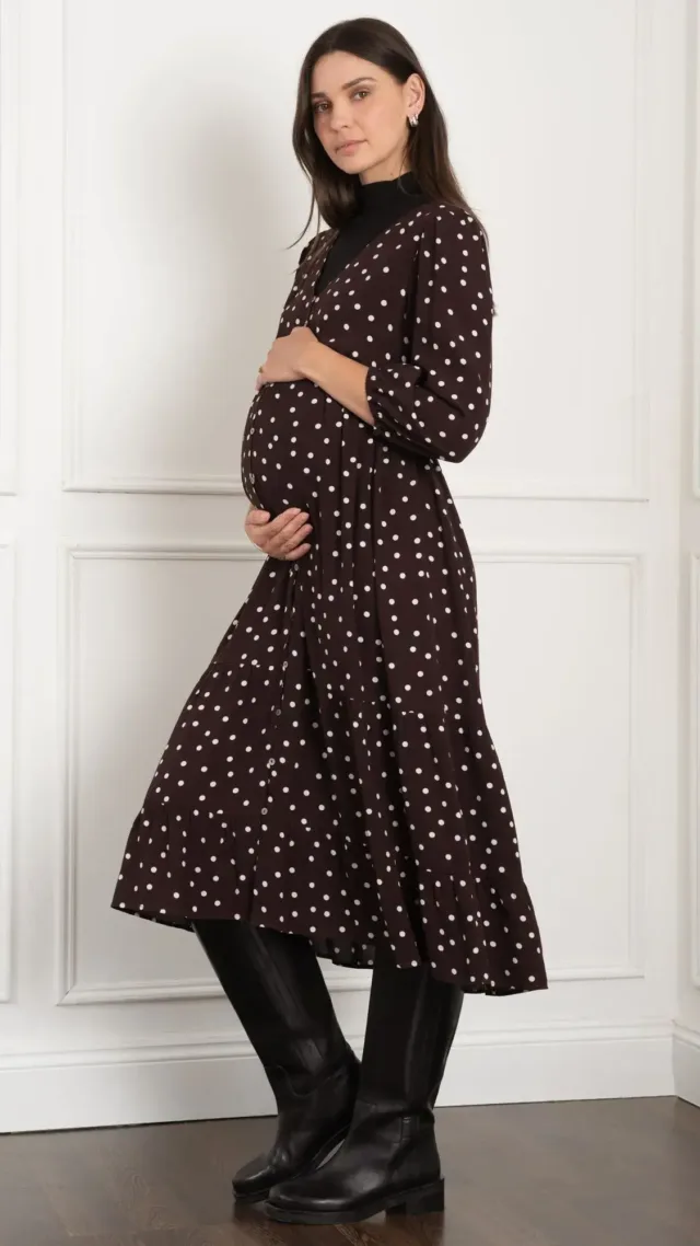 Maternity & Nursing Button-Through Dress Brown