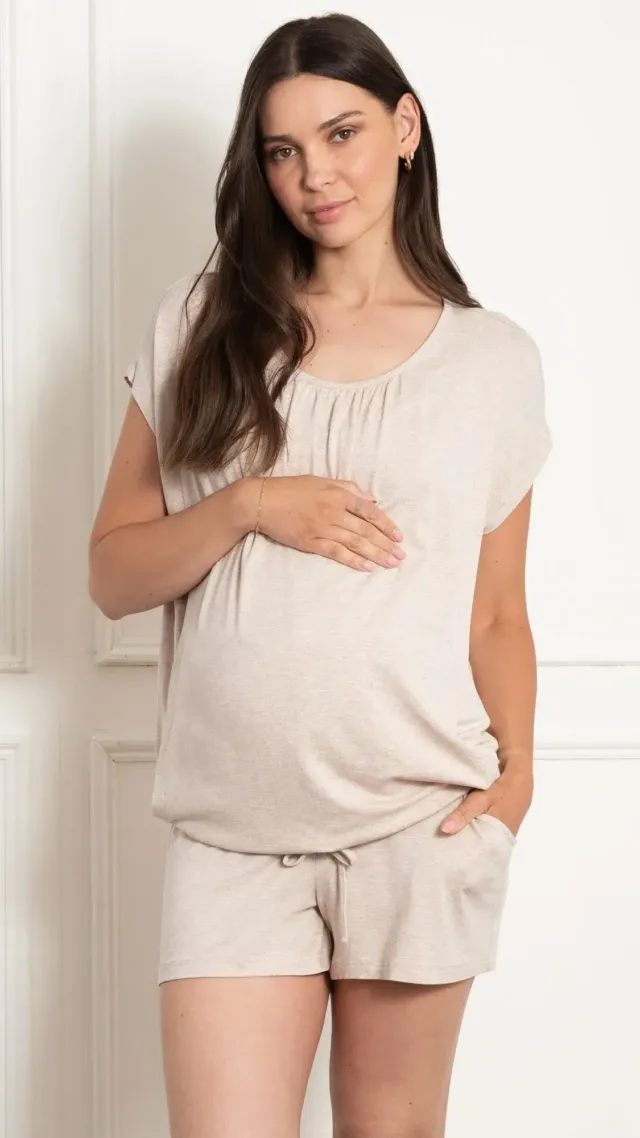 Maternity & Nursing Shorts Pyjama And Loungewear Set Oatmeal