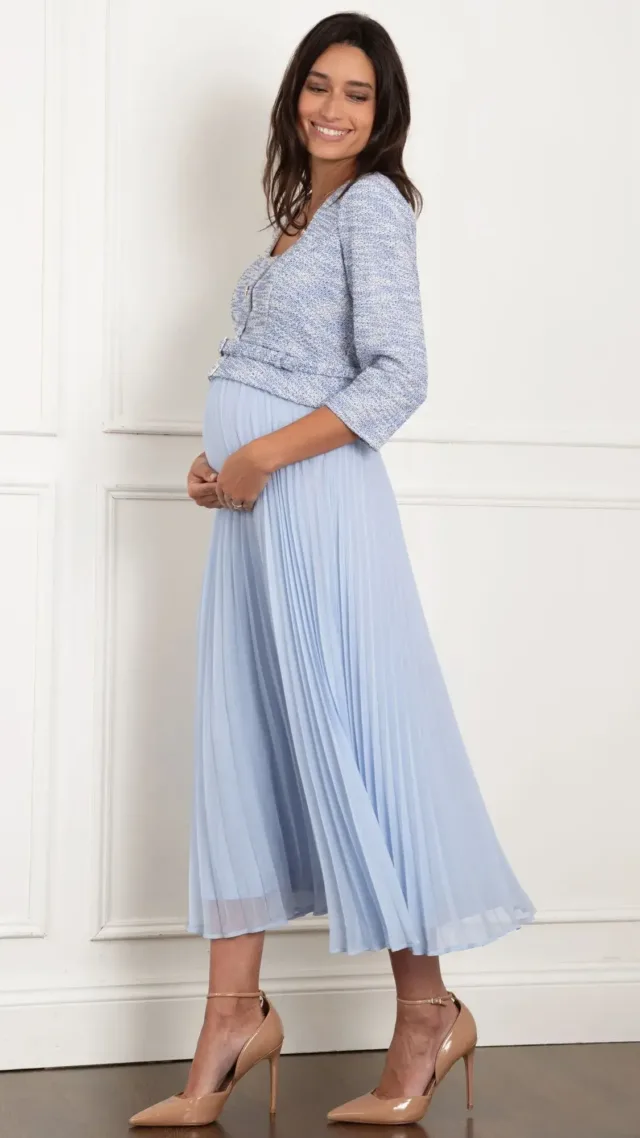 Midi Length Jacket-Style Maternity-To-Nursing Dress Blue