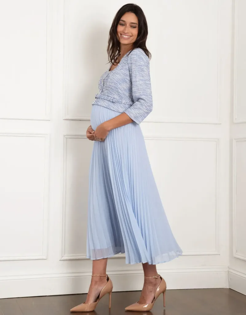 Midi Length Jacket-Style Maternity-To-Nursing Dress Blue