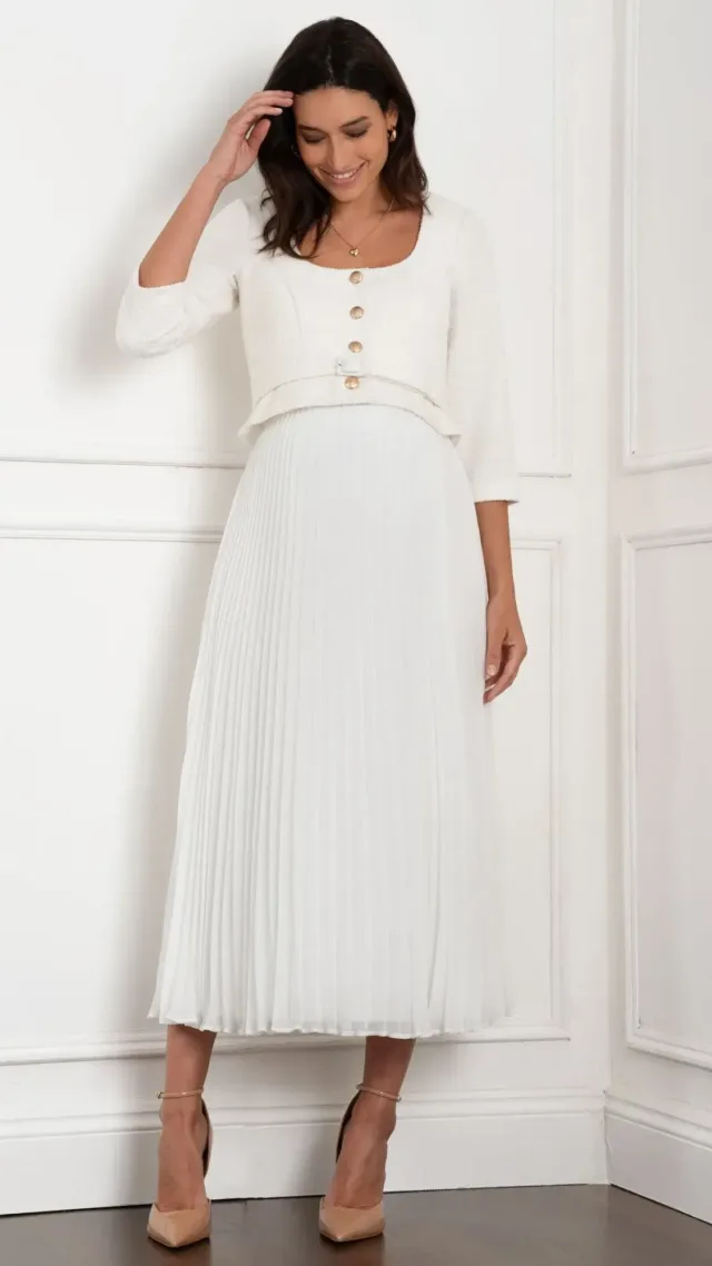 Midi Length Jacket-Style Maternity-To-Nursing Dress Ivory