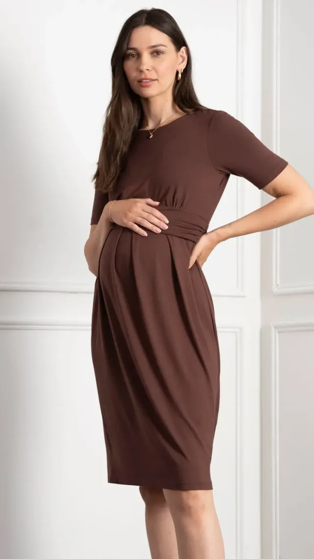 Pleat Detail Maternity & Nursing Dress Chocolate