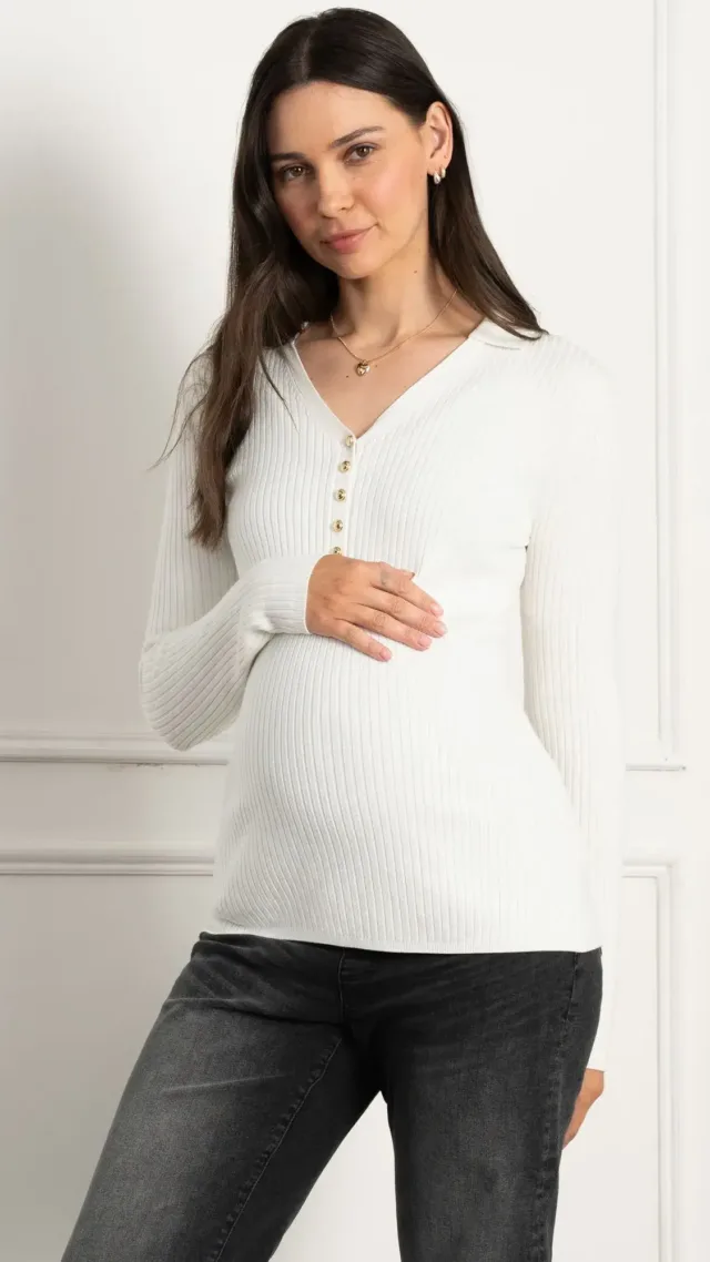 Rib Knit Collar Detail Maternity & Nursing Top Ecru