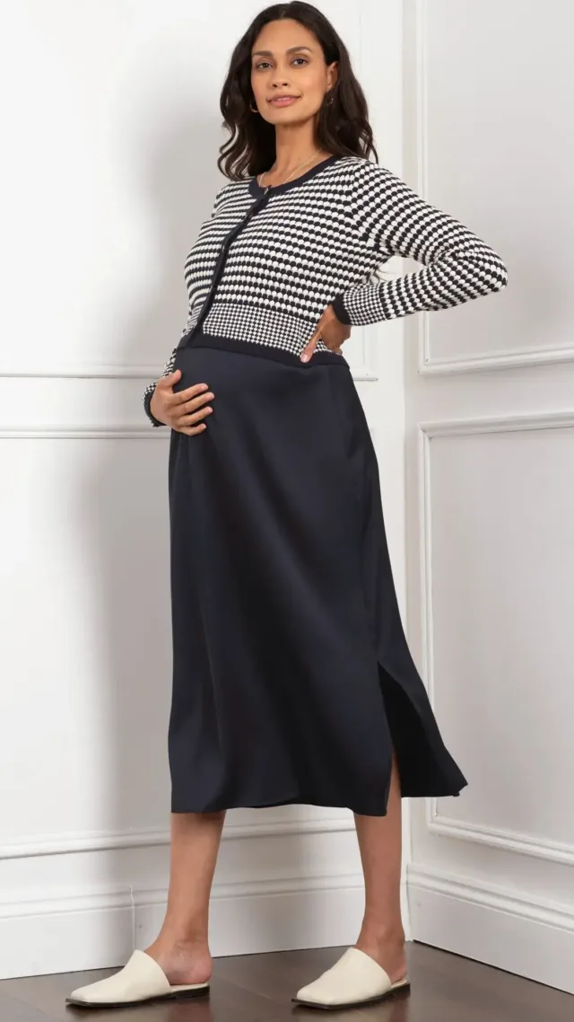 Scalloped Nursing Cardigan With Maternity Woven Skirt Navy, White