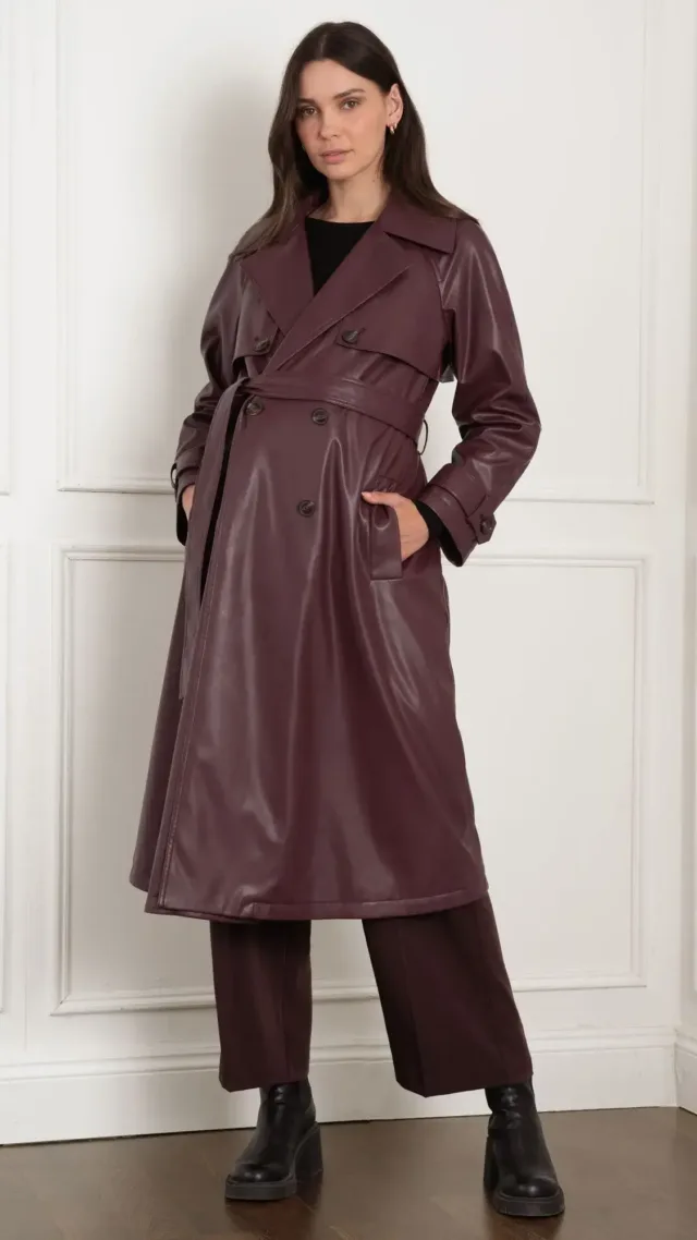 Shakira | Vegan Leather Belted Maternity Trench Coat Burgundy