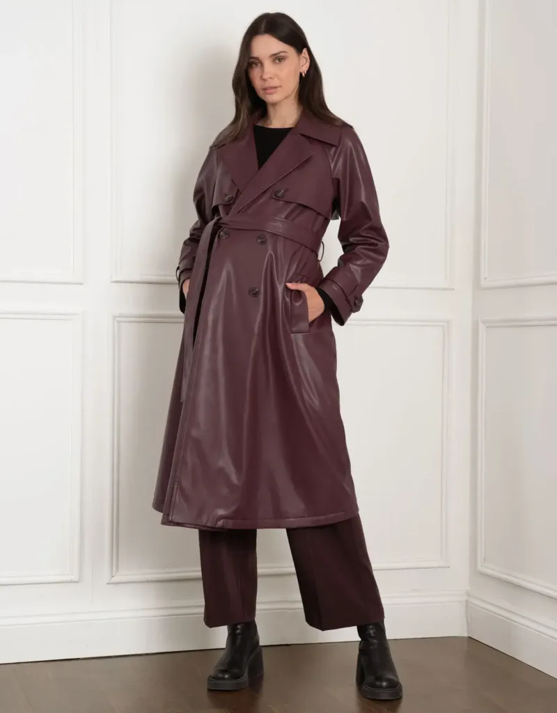 Shakira | Vegan Leather Belted Maternity Trench Coat Burgundy