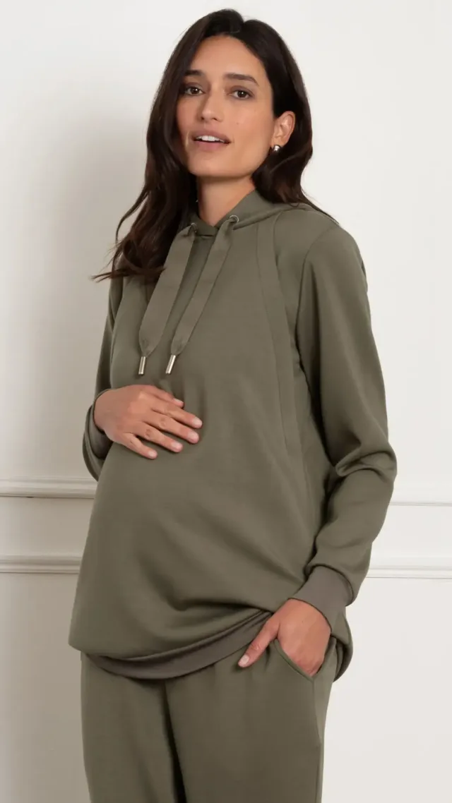 Super-Soft Maternity Hoodie With Nursing Zips Khaki