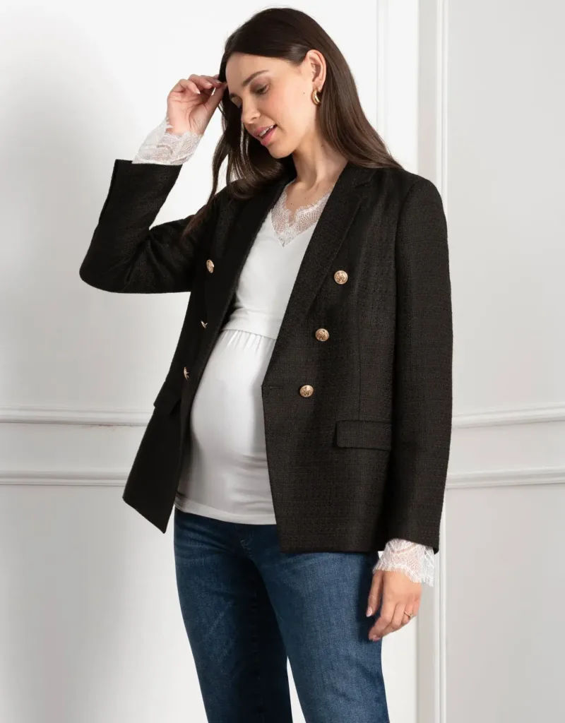 Tweed Maternity & Nursing Blazer With Gold Trims Black