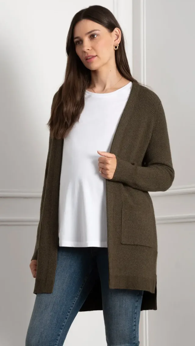 Viscose-Blend Knitted Maternity & Nursing Cardigan Khaki