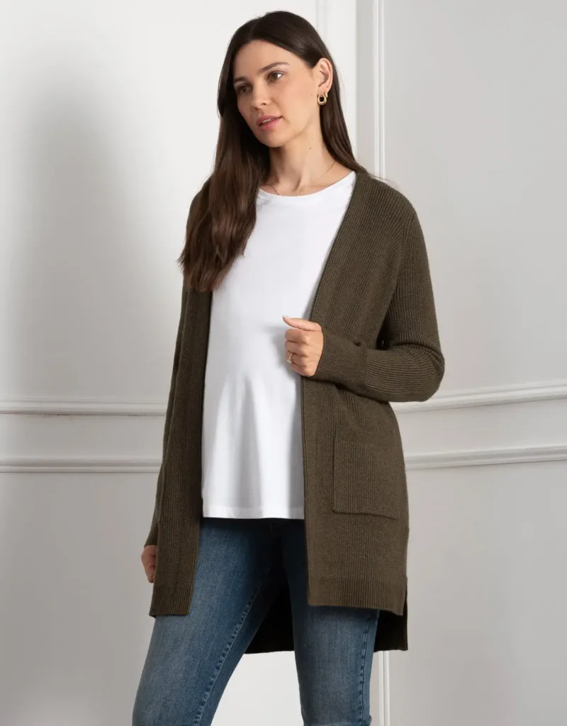 Viscose-Blend Knitted Maternity & Nursing Cardigan Khaki