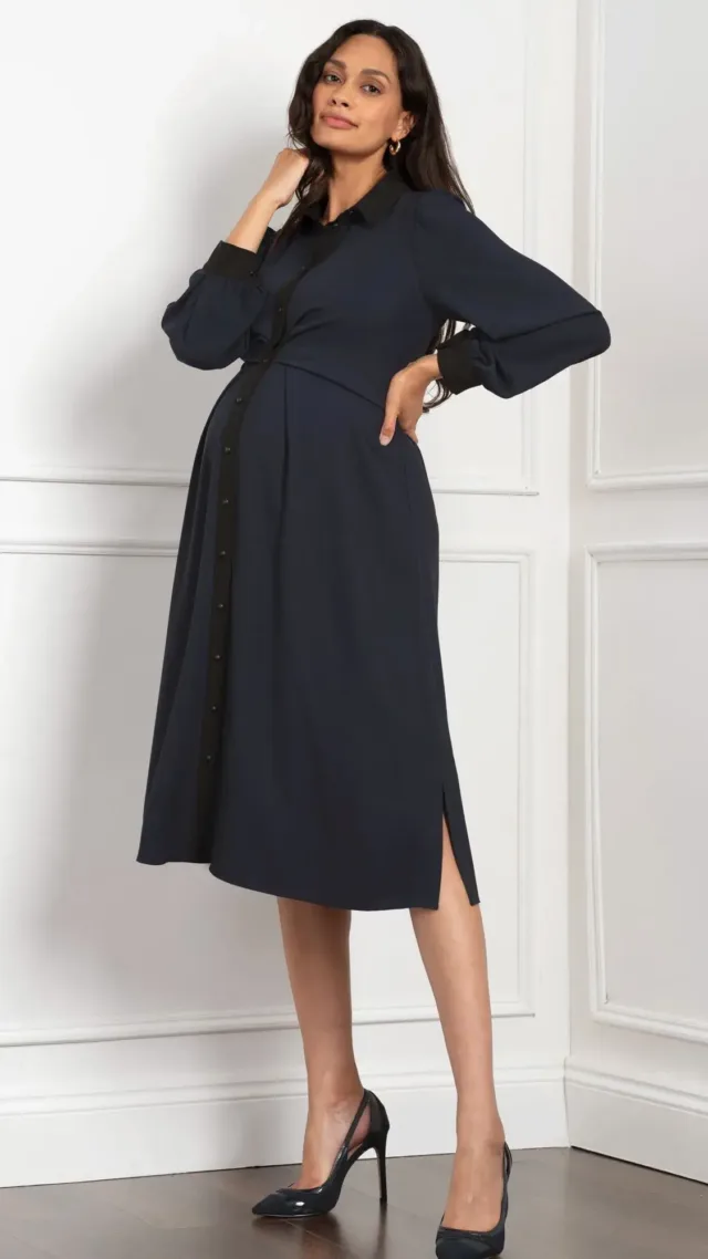 Vivian | Pleated Waist Maternity & Nursing Shirt Dress Navy