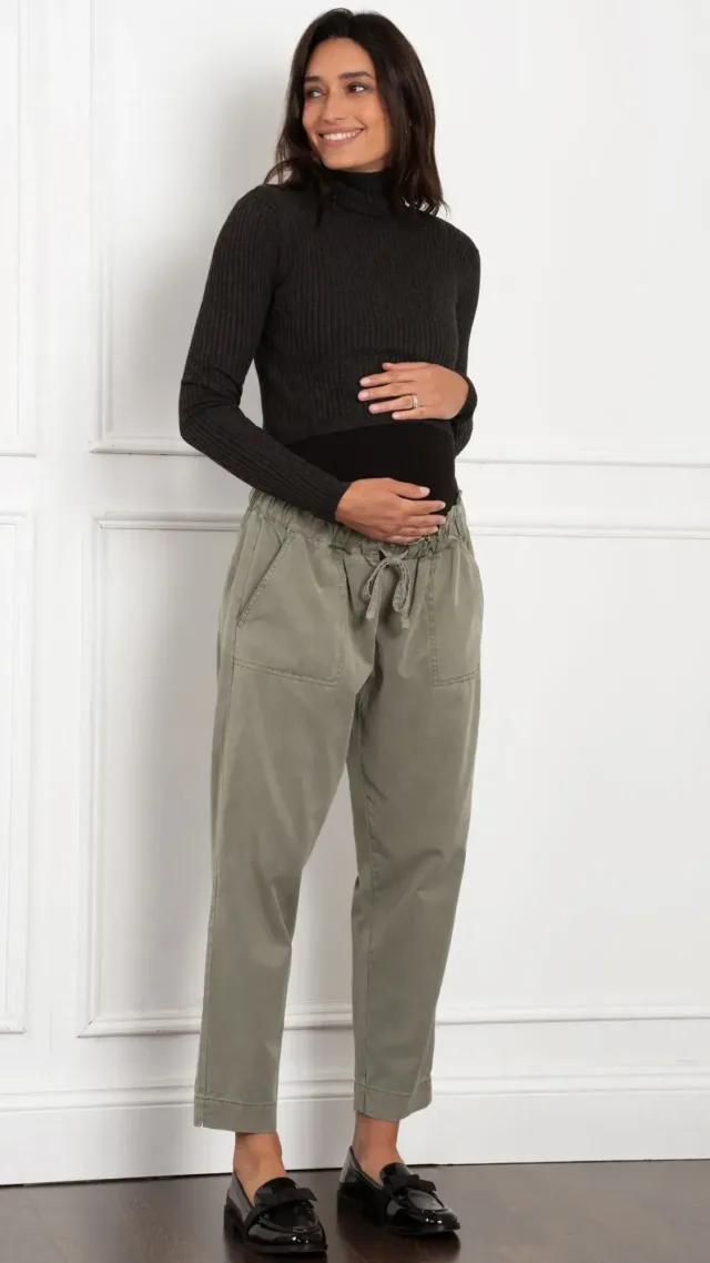 Woven Under Bump Maternity Jogger With Drawstring Waist Khaki