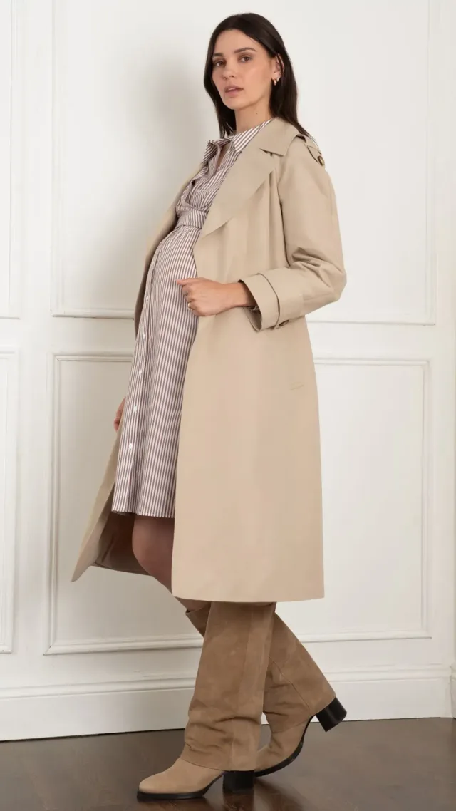 Zack | Belted Maternity Trench Coat Almond