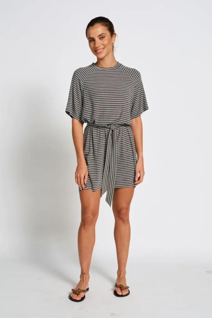 Rylee Stripe Box-Cut Tee Dress - Charcoal / White