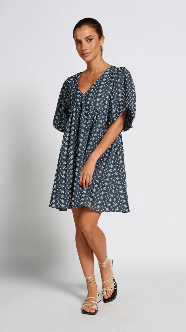 Arizona Babydoll Mini Dress - Indigo / Cream