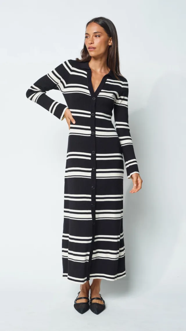 Chilli Snap-Front Knit Midi Dress - Black / Cream