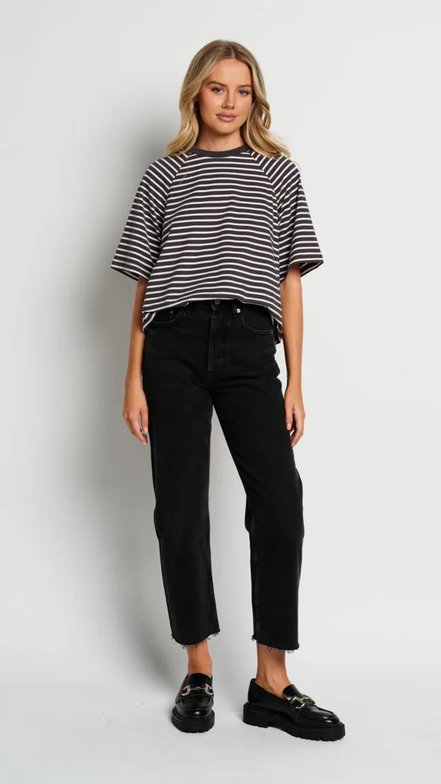 Classique Stripe Box-Cut Tee - Charcoal / White