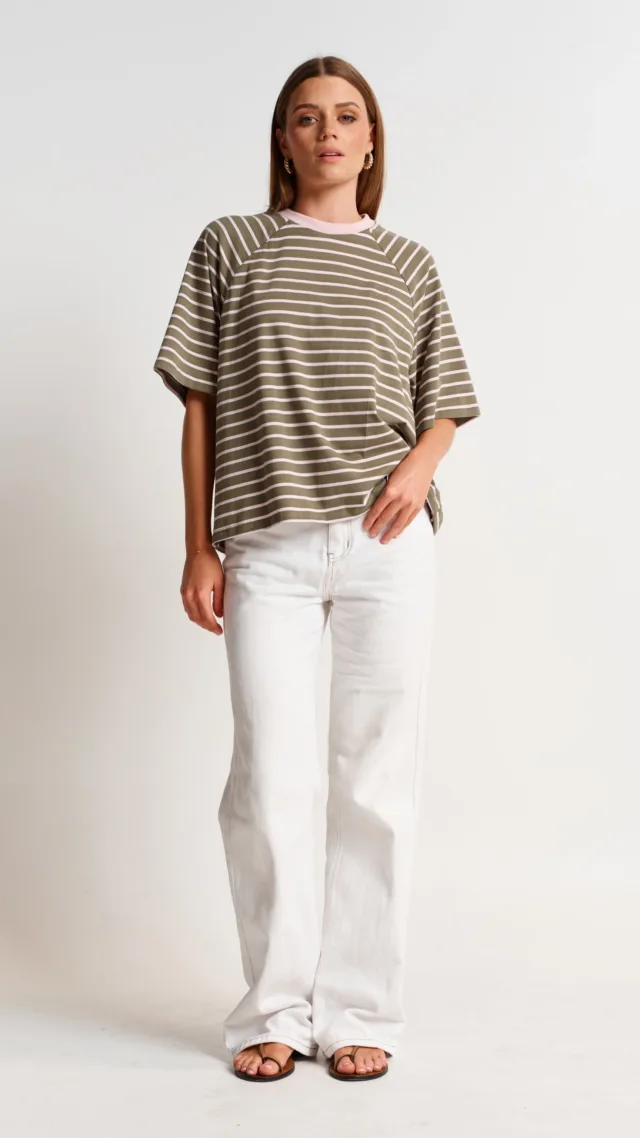 Classique Stripe Box-Cut Tee - Khaki / Pink