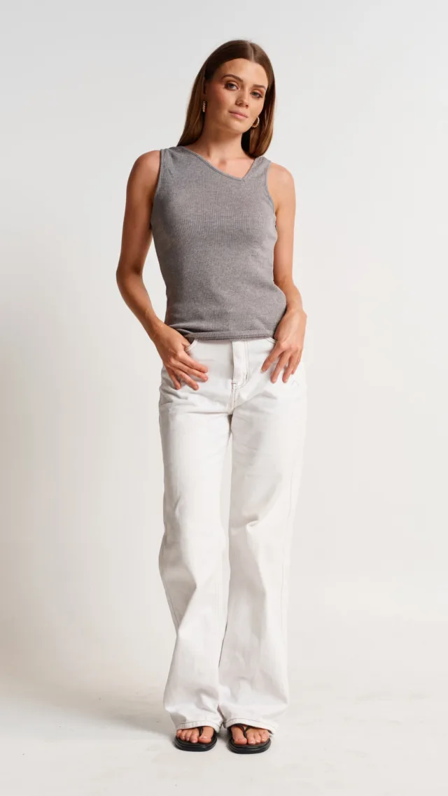 Eva Asymmetrical Ribbed Tank - Grey Marle