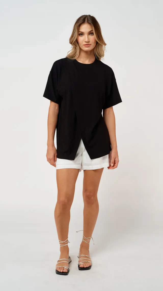 Ivy Ribbed Longline Wrap Tee - Black