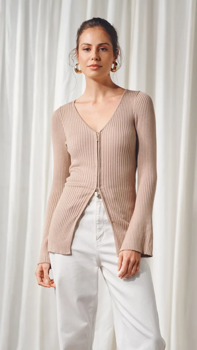 Kaia Zip-Front Knit Top - Mocha