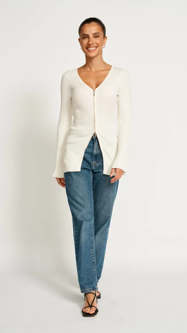 Kaia Zip-Front Knit Top - Off-White