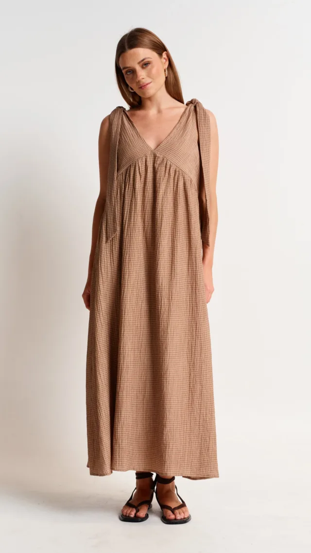 Mallorca Seersucker Babydoll Midi Dress - Latte