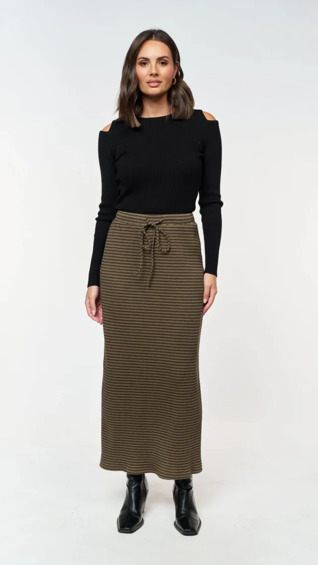 Moss Ribbed Column Midi Skirt - Forest Green Stripe