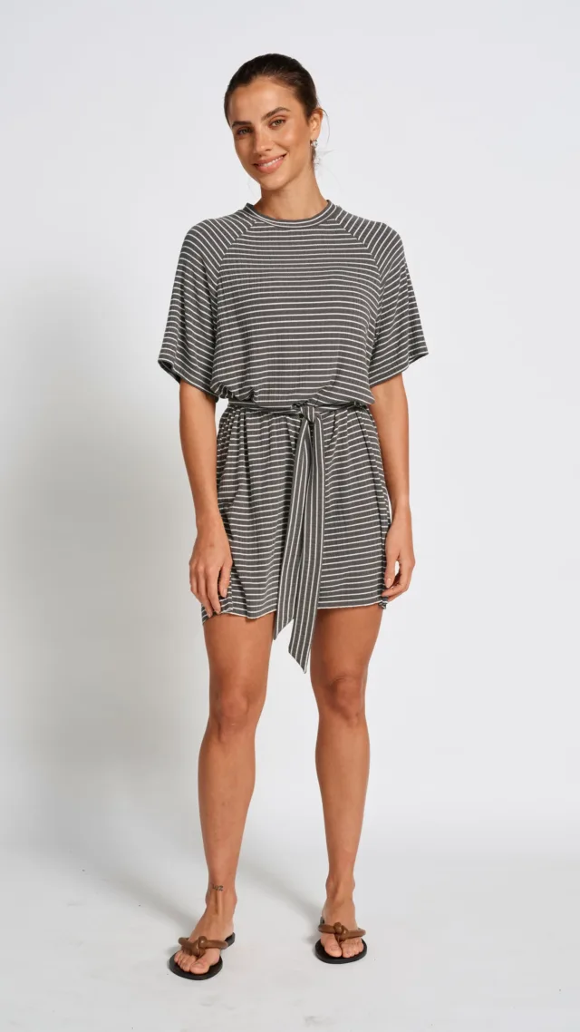 Rylee Stripe Box-Cut Tee Dress - Charcoal / White