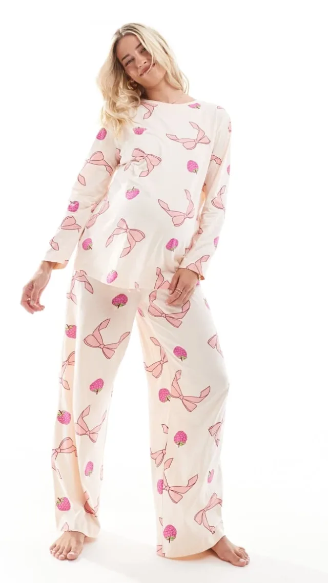 Asos Design Maternity Bow And Fruit Long Sleeve Top & Pants Pajama Set In Pink