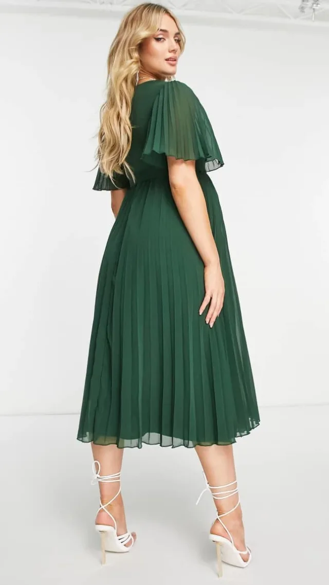 Asos Design Maternity Exclusive Pleated Midi Dress With Kimono Sleeve And Tie Waist In Forest Green