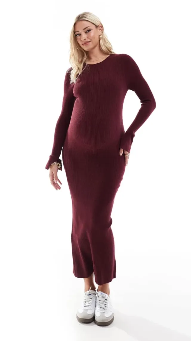 Asos Design Maternity Knitted Crew Neck Maxi Dress With Cuff Splits In Burgundy