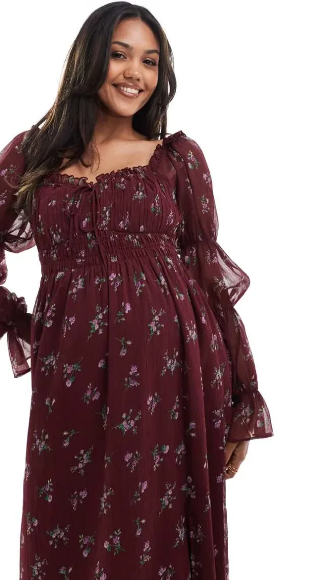 Asos Design Maternity Milkmaid Long Sleeve Shirred Waist Midi Dress In Burgundy Floral Print