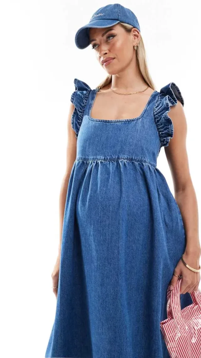 Asos Design Maternity Soft Denim Smock Maxi Dress With Bow Back In Midwash Blue