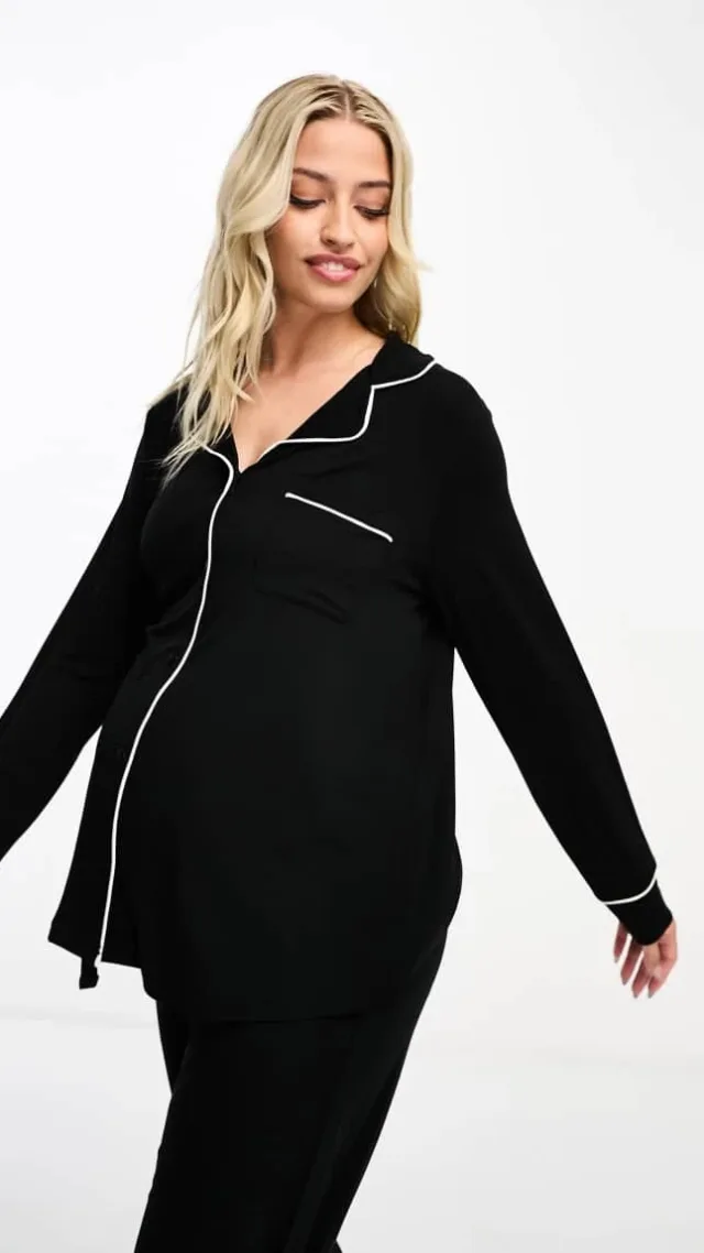 Asos Design Maternity Super Soft Long Sleeve Shirt & Pants Pajama Set With Contrast Piping In Black