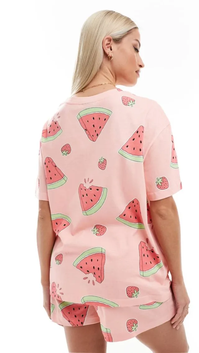 Asos Design Maternity Watermelon Oversized Tee & Short Pajama Set In Pink