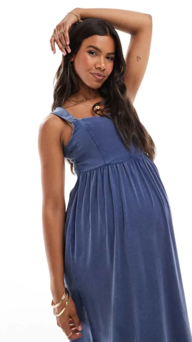 Mamalicious Maternity Jersey Cami Midi Dress In Washed Blue