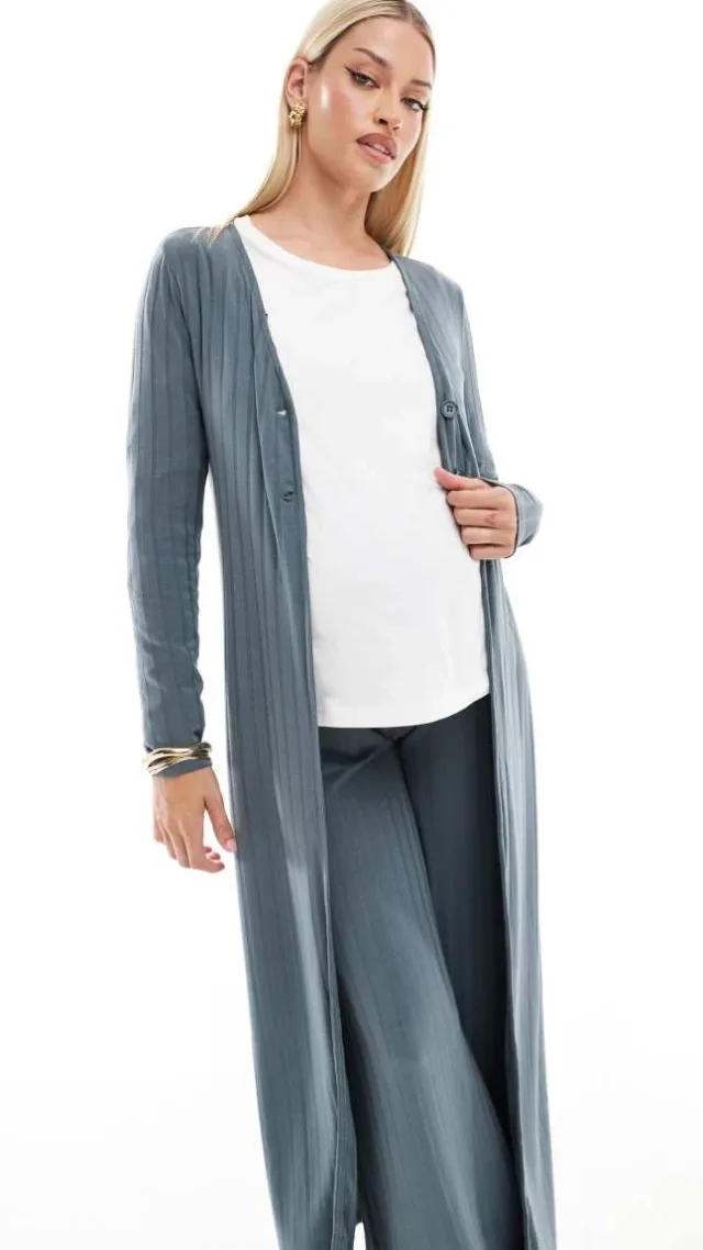 Mamalicious Maternity Mix & Match Ribbed Jersey Maxi Cardigan In Asphalt - Part Of A Set