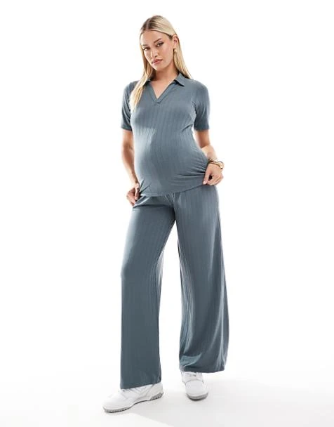 Mamalicious Maternity Mix & Match Ribbed Jersey Maxi Cardigan, Polo Top And Wide Leg Pants Set In Asphalt