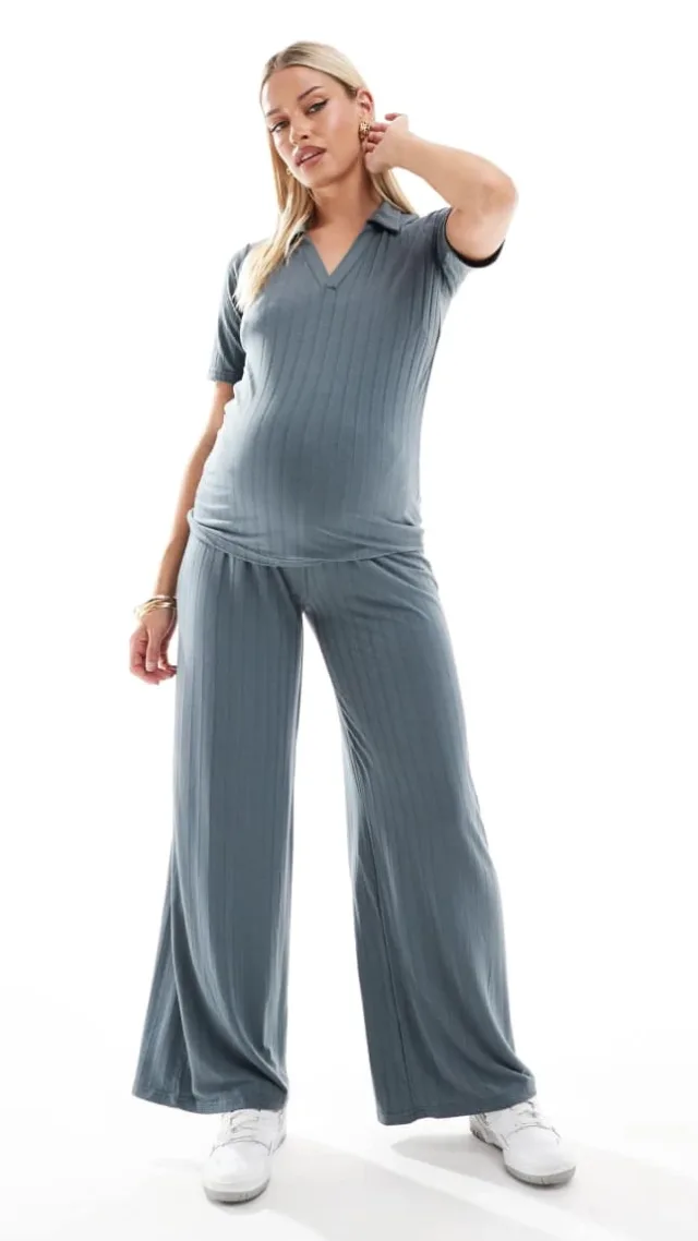 Mamalicious Maternity Mix & Match Ribbed Wide Leg Pants In Asphalt - Part Of A Set