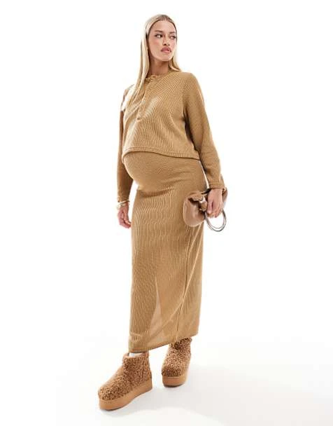 Mamalicious Maternity Over The Bump Maxi Skirt And Cropped Henley Top Set In Mustard